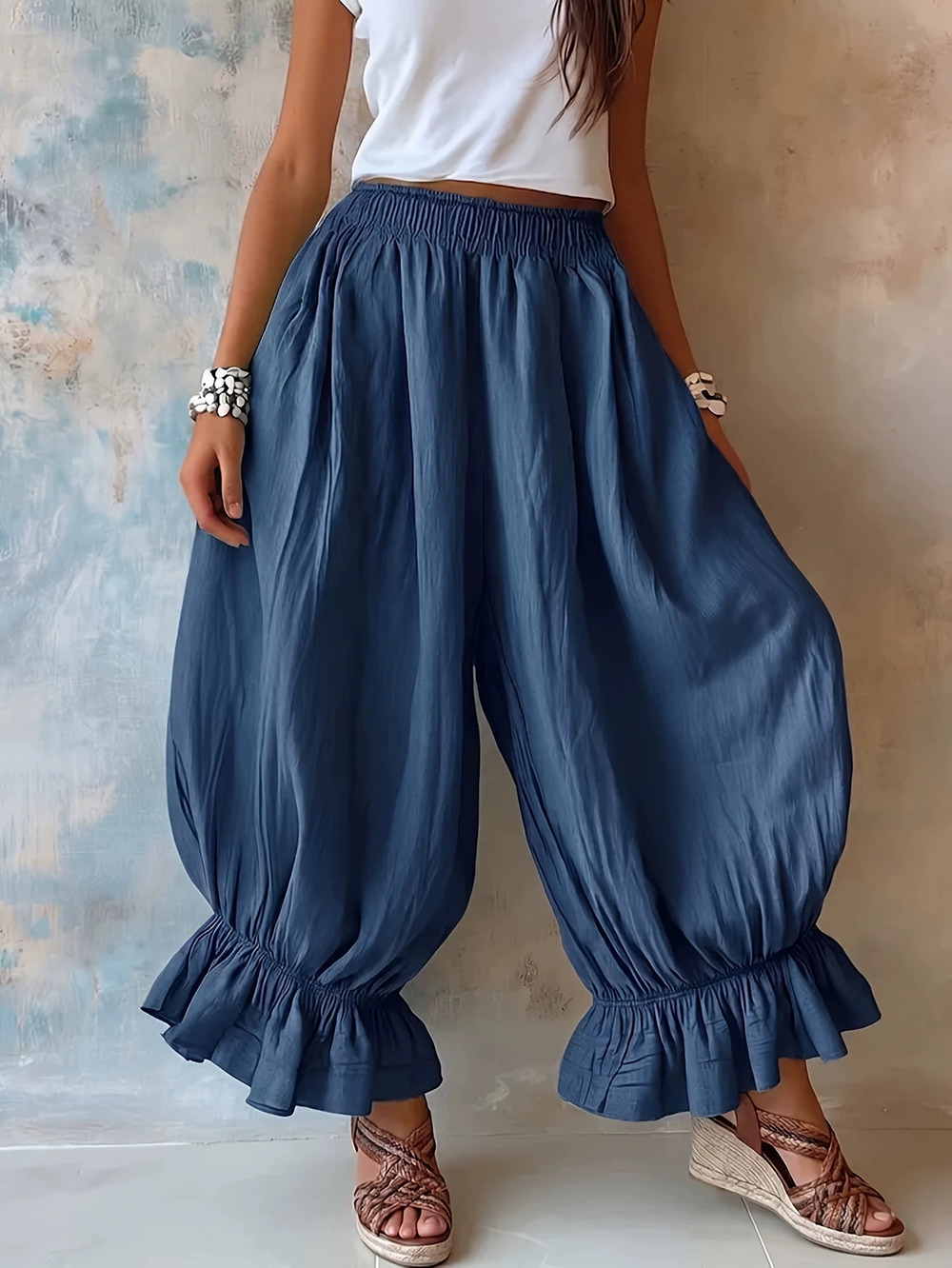 ZARA Womens High Waist Wide Leg Ruffle Drape Pants